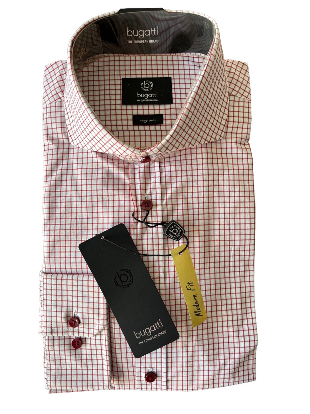Bugatti Men's Modern Fit Red & White Grid Check Dress Shirt